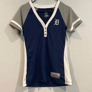 Majestic Blue, Gray, & White V-Neck Detroit Tigers Short Sleeve Shirt-Size Large